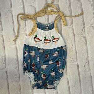 Boutique Baby Girls 0-3 Months Blue Ducks in a Pond One-Piece 95% Cotton
